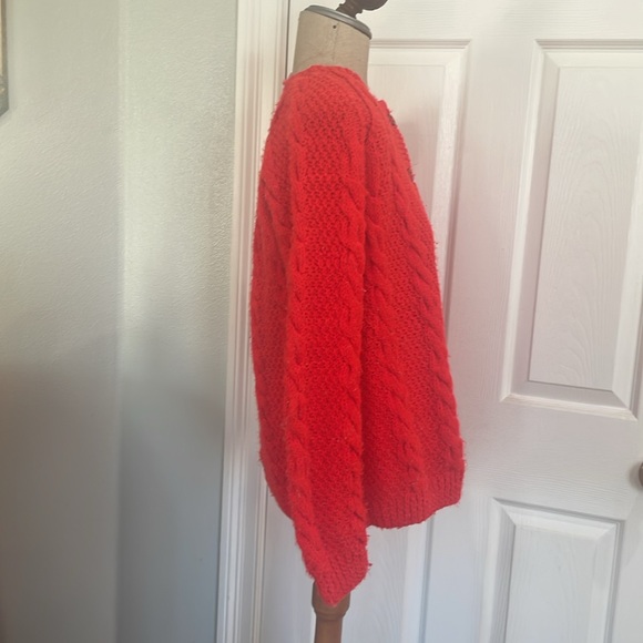 Handmade chunky cable knit red cardigan sweater handcrafted women’s size M men S - Picture 2 of 6
